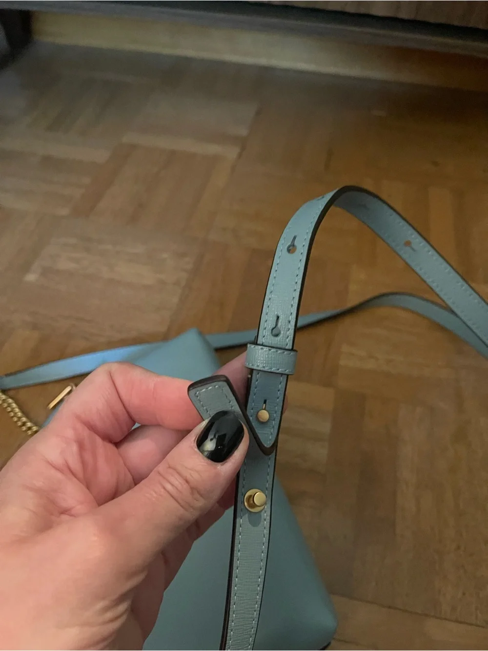 kate spade Light Blue Leather Dome Crossbody with Gold Chain Strap